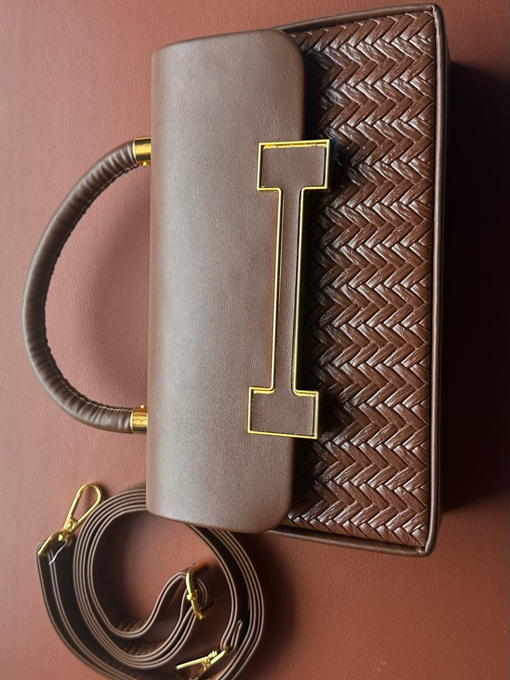 Structured Woven Top-Handle Bag in Brown with Gold Trim